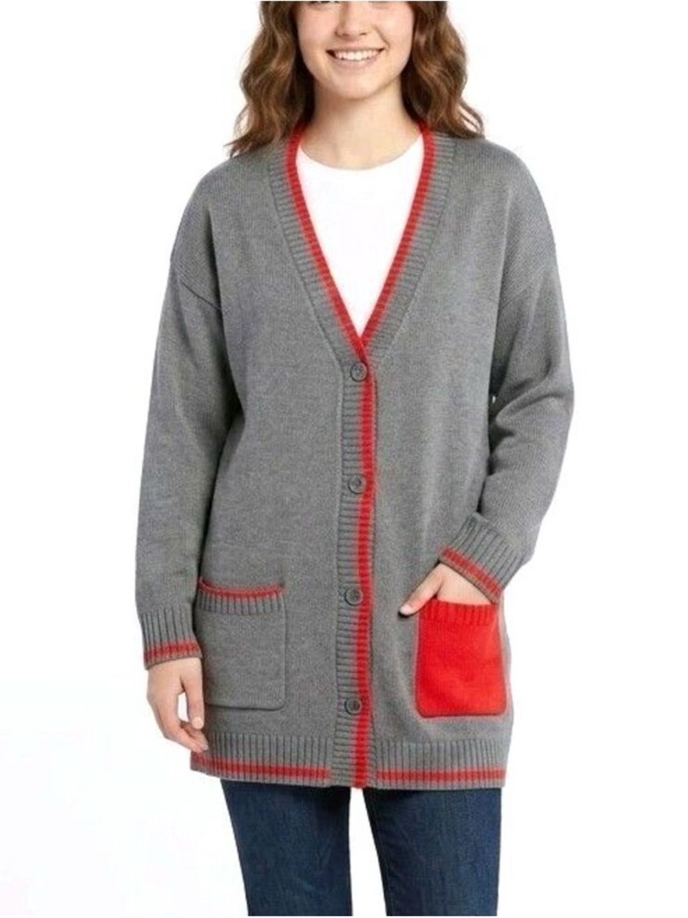 🩷 NWT DISNEY PARKS MARVEL UNIVERSE Cardigan Long Sweater Gray/Red Women Large